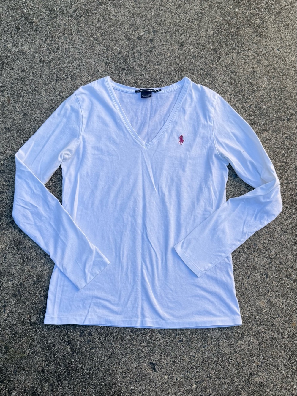 Ralph Lauren Sport White V-Neck Long Sleeve Tee Pink Pony Logo Medium